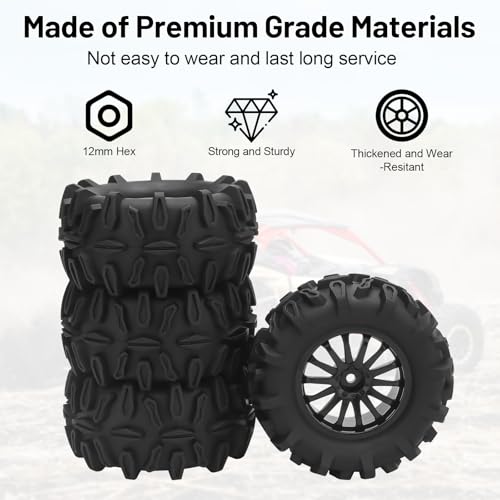 RC Car Tires and Wheels, daitoku 12mm Hex RC Truck Tires for TRAXXAS Rlaarlo 1/16 E-Revo HSP 94186 16208 16209 16210 WLtoys 144001 MJX16208 HBX94828 GRM16 1/16 RC Truck