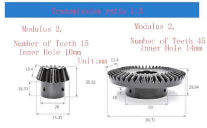 Generic Transmission Ratio 1:3, Bevel Gear, 90 Degree Steering, Modular 2, Number of Teeth 15:45, (Pinion Inner Hole 10mm, Big Gear Inner Hole 14mm - Keyway Width: 5mm) 2pcs/Set