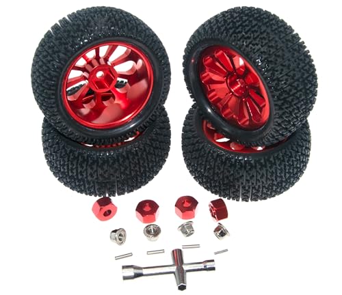 Wheel Rim Tire Compatible with 1/14 1/16 MJX Hyper Go Wltoys Upgrade 16207 16208 14210 Rc Car Aluminum Alloy 12mm Hex Adapter Part(Red) - color: Red