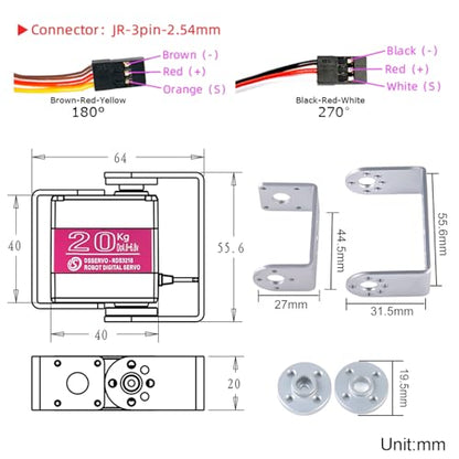 RDS3218 20KG Servo Motor 180° Waterproof Full Metal Gear Steering Digital Servo Metal Bracket Double Bearing with U Mounting Bracket for RC Car Robot DIY 1/8 1/10 (20KG 180°) - size: 20KG 180°