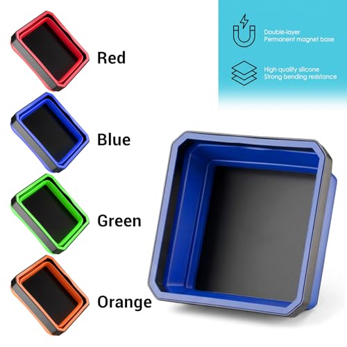 4 Pack Foldable Magnetic Tray Set, 4.5 Inch Square Silicone Magnetic Parts Tray with Dual-Sided Base, Foldable Magnet Trays for Screws Bolts Nuts Washers Pins & Small Metal Parts