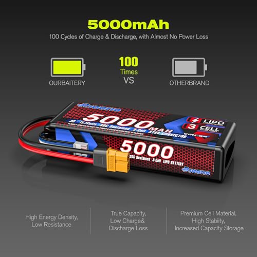 RIAARIO 3s Lipo Battery 30C 5000mAh 11.1V Lipo Battery with XT60 Connector for RC Car Truck Truggy Buggy Racing Hobby Models(1 Pack)