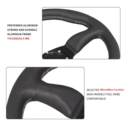 350mm Gray Stripe Racing Steering Wheel Black Genuine Leather Grip 6 Bolts Sport Steering Wheel with Horn Button Gray Stitching - color: Gray Stripe