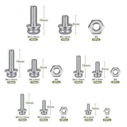 692Pcs Machine Screws Assortment Kit,Metric Nut and Bolt Assorted M2 M2.5 M3 M4 M5,304 Stainless Steel Phillips Pan Head Small Combination Screw with Fixed Washers(All-in-One Design) - size: M2/2.5/3/4/5 692PCS Machine SS