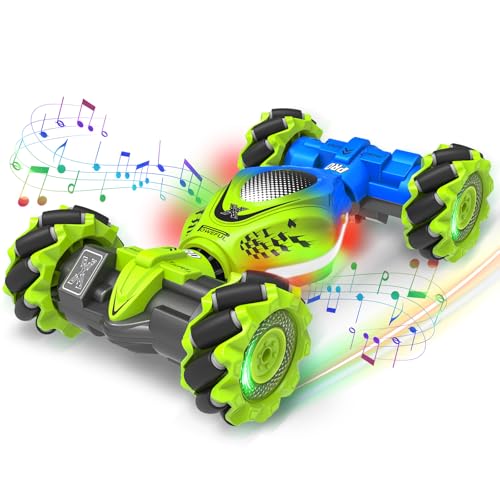 Fosgoit Gesture Sensing RC Stunt Car, Remote Control Car for Boys and Girls | Cool Birthday Gifts, Toys for Boys and Girls Age 6 7 8 9 10 11 12 Years Old, 4WD Remote Control Car, with Lights Music - color: Green-blue