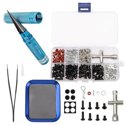 0-14mm RC Expanding Hole Puncher Opener Reamer Tool RC Body Shell Drills Tool & Universal RC Screws Kit,M3 Screws Flat washers R Clips Hexagon Wrench Repair Tool Box with Magnetic Screw Tray