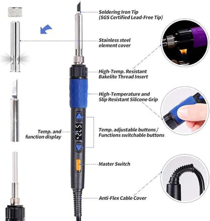 110W Electronics Soldering Iron Kit - LCD Digital Soldering Iron | Adjustable Temperature, Wire & Cutter, Stand, Soldering Iron Tips, Desoldering Pump, Solder, Tweezers, Soldering Flux Paste - color: Blue