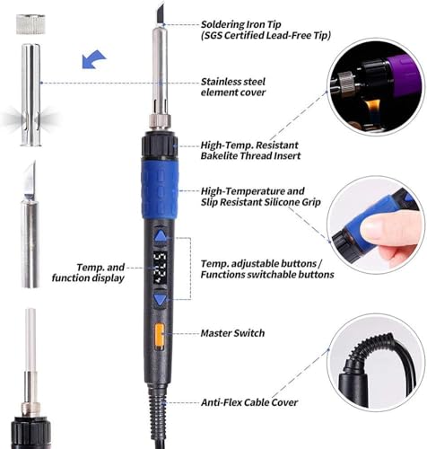 110W Electronics Soldering Iron Kit - LCD Digital Soldering Iron | Adjustable Temperature, Wire & Cutter, Stand, Soldering Iron Tips, Desoldering Pump, Solder, Tweezers, Soldering Flux Paste - color: Blue