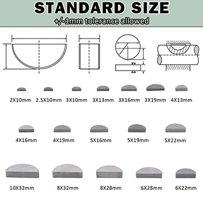 164Pcs 17 Sizes Metric Woodruff Key Kit, Carbon Steel Half Moon Keys | Precision-Machined for Shaft Keyways, Feather Keys & Crankshafts, Hardened Steel, Rust-Proof, for Machinery Fastening