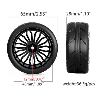 1/10 RC On Road Tires OD 2.55'' & Plastic Wheels 12mm Hex for 1:10 Scale Racing Touring Street Car Tamiya TT01 TT02 XV01 TA06 A959 144001 HPI KYOSHO HSP PTG2 Traxxas (Black) - color: Black