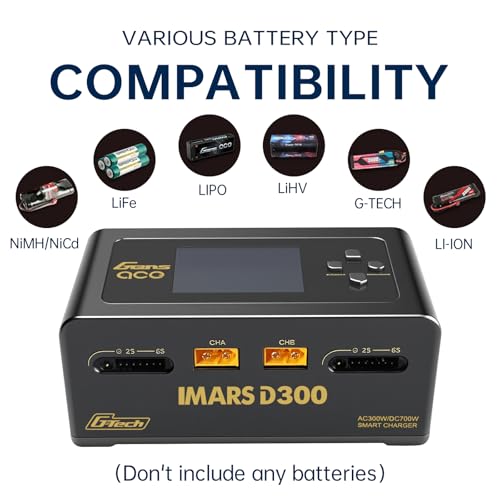 Lipo Battery Charger, Gens Ace Charger IMARS D300 G-Tech Series Smart Dual Lipo Balance Charger AC 300W DC 700W (350W*2) 16A RC Battery Charger for 1s~6s Lipo Batteries Life NiCd MH LiHV (Black) - color: Black