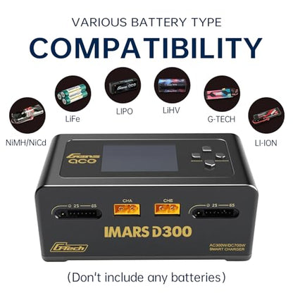 Lipo Battery Charger IMARS D300Gens。 Lipo Battery Charger G-Tech Series Smart Dual Lipo Balance Charger AC 300W DC 700W(350W*2),16A Dual Channel Charger for 1s~6s Lipo Batteries，Life/NiCd/MH/LiHV