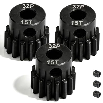 32P 15T RC Car Gear Set | 45# Steel Black Oxide | 5mm Bore +0.03mm | Precision Engineered Motor Pinion Gear Compatible with Traxxas/ARRMA/HPI/Kyosho (3-Pack with M4 Set Screws) - style: 3Pcs 15T