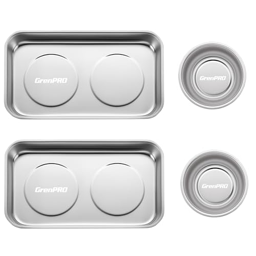 GRENPRO 4-Piece Magnetic Tray Set, 2 Large Square & 2 Round Stainless Steel Trays with Strong Magnet for Tool Organization, DIY Stickers Included - style: Square & Round (Stickers Included)