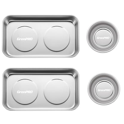 GRENPRO 4-Pack Magnetic Parts Tray Set, 2 Round 2 Square, Stainless Steel | Heavy-duty trays with extra strong magnet hold nuts, bolts, screws; anti-slip base, auto repair workshop storage - style: Square & Round (Stickers Included)