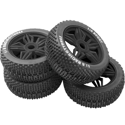 ShareGoo OD 4.52" 1/8 RC Buggy Rubber Tires Tyre w/ 5 Spoke Plastic Rim 17mm Hex Compatible with Arrma Kyosho Exceed RC Traxxas Redcat HSP HPI 1/8 Scale Off Road Car Buggy (Black) - color: Black