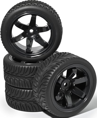 OD 2.55" On Road Rubber Tires Plastic Wheel Rims 12mm Hex for 1/10 RC Car | Compatible with MJX HSP Tamiya HPI Kyosho Traxxas Sakura Redcat WLtoys 1/10 RC On-Road Racing Touring Car (4pcs, Black) - style: E-Black