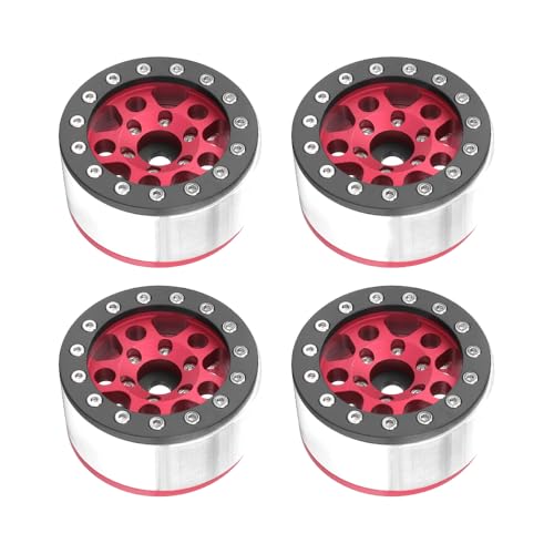4PCS 1.55 Inch Aluminum Alloy Metal 5Spoke Beadlock Wheel Rim Hubs Replacement Accessory for AX90069 D90 TF2 CC01 Tamiya 1/10 RC Crawler Car Upgrade Parts (Black Red) - color: Black Red
