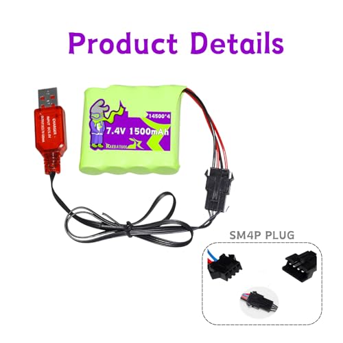 7.4V 1500mAh SM4P Plug Batteries for DEERC DE36W,Bluejay Remote Control Car, DE65 1809 RC Cars / DE36,2.4GHz High Speed RC Cars Toys, 1:12 Monster RC Truck Off Road with Charger