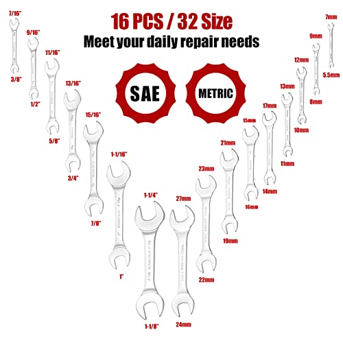 Super-Thin Open End Wrench Set, 16-Piece SAE & Metric 3/8" to 1-1/4" and 5.5mm to 27mm Chrome Vanadium Steel Wrench Set with Rolling Pouch