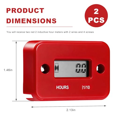 2 PCS Inductive Hour Meter, 3V Waterproof Gas Engine Tachometer Generator Hr Meters, Universal Small Engine Induction Hourmeter for Motorcycles ATVs Boats Dirt Bikes (Red) - color: Red