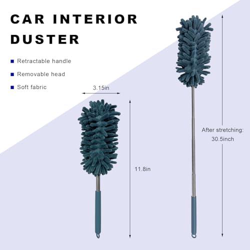 2PCS Car Interior Duster with Extension Pole, 11.8" to 30.5" Retractable Duster Washable Long Handle Cleaning Tool, Soft Chenille Detailing Brush for Auto Dash Vent Window (Navy Blue) - color: Navy Blue