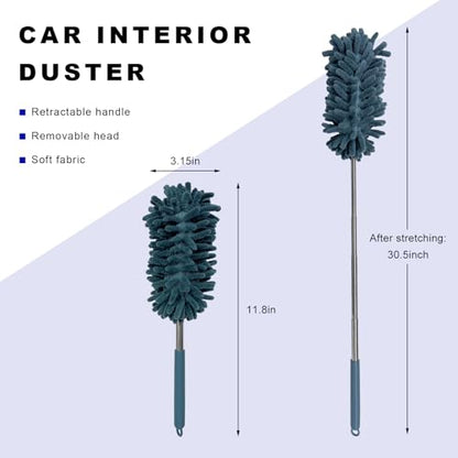 2PCS Car Interior Duster with Extension Pole, 11.8" to 30.5" Retractable Duster Washable Long Handle Cleaning Tool, Soft Chenille Detailing Brush for Auto Dash Vent Window (Navy Blue) - color: Navy Blue