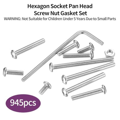 945 Pcs M3 Screws Assortment Kit, Metric Nuts and Bolts Assortment Kit, Hex Socket Button Head Cap Screw Bolts and Nuts Kits, Hex Socket Screw Set, Machine Screws Set, with Spanner(Silver) - size: M3