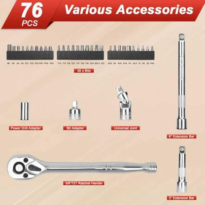 Egofine 3/8" Drive Socket Set, 76 PCS Ratchet Wrenches Set, Standard and Deep Metric (8 to 19mm)/SAE (5/16 to 3/4 inch) Size, with 72-Tooth Ratchet for Auto Repairing and Household, with Storage Case - style: 3/8" 76 PCS with 72 Teeth Ratchet
