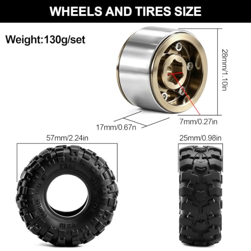 1.0" Beadlock Aluminum Wheels and 57mm Soft Rubber Tires | for SCX24, TRX4M, Ascent 18, FCX24, 1/18 1/24 RC Crawler, 7mm Hex, 0mm Offset, with Foam Inserts, (Black 3) - color: Bronze 3