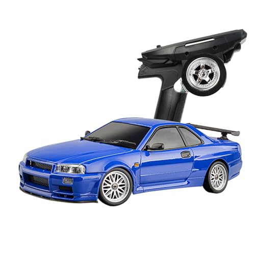 LD1899 1/18 Scale RC Drift Car, GTR R34 2.4GHz RWD Mini Model Car with Gyro, Alloy Body Shell Racing Cars for Adults Toys (Blue) - color: Blue