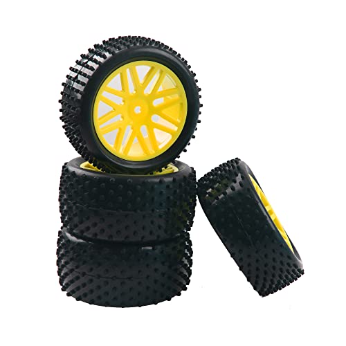 16-Spoke OD 86mm/3.38'' 16-Spoke 12mm Hex Hub Wheel Rims & Rubber Tires Compatible with Redcat Tornado HPI HSP Kyosho Losi 1/10 Scale Off Road Buggy (Yellow) - color: Yellow