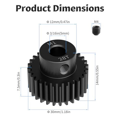 Pinion Motor Gear, M1 28T, 3/16 in (5mm) Shaft Hole | M1 Pitch 28 Teeth, 1045 Hardened Carbon Steel, 3/16 Inch Shaft Hole, RC Motor Pinion Upgrade, for 1/10 RC Brushless Crawler - size: M1 28T