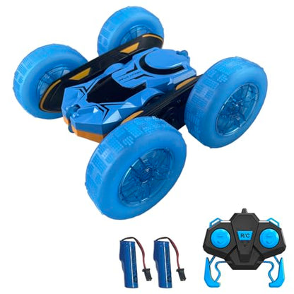 Remote Control Car, RC Stunt Car, 2.4GHz 4WD RC Cars with LED Lights, Double-Sided Driving, 360° Rotating, 2 Rechargeable Batteries (Blue) - color: Blue, size: 2 Batteries