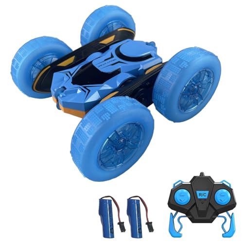 Remote Control Car, RC Stunt Car, 2.4GHz 4WD RC Cars with LED Lights, Double-Sided Driving, 360° Rotating, 2 Rechargeable Batteries (Blue) - color: Blue, size: 2 Batteries
