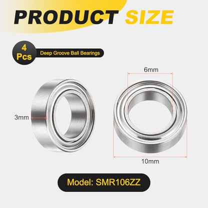 uxcell 4Pcs SMR106ZZ Deep Groove Ball Bearings, 6x10x3mm 440C Stainless Steel Double Shielded Bearings, ABEC 5 - size: 6x10x3mm