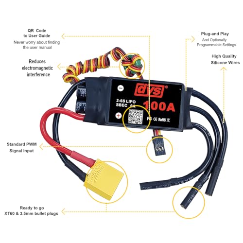 DYS 100A 2-6S Brushless ESC with 5V/6A SBEC with XT90 & 4.0mm Plug for RC Fixed-Wing Aircraft Helicopter - color: Dys 100a Esc