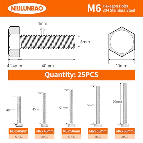M6 x 40mm 45mm 50mm 55mm 60mm Heavy Duty Hexagon Bolts Hex Head Screws, 304 Stainless Steel, Metric, Machine Fully Thread, Bright Finish, Assortment Kit 25PCS - size: M6 x 40/45/50/55/60mm (25PCS)