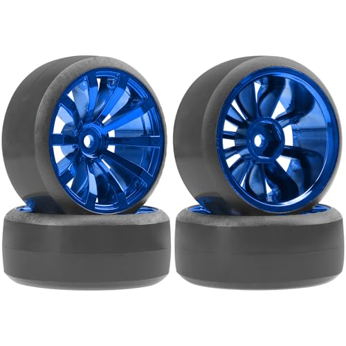 ShareGoo RC 1/10 Drift Tires W/Plastic Wheel Rims 12mm Hex Compatible with HSP Tamiya Kyosho RedCat Traxxas Sakura WLtoys 3Racing 1/10 RC On-Road Racing Touring Car (Blue) - color: Blue