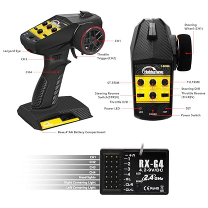 RC Radio System 4CH 2.4G RC Transmitter with Receiver and Lanyard Anti-Jamming Remote Controller for RC Car Crawler Boat, Yellow - color: Yellow