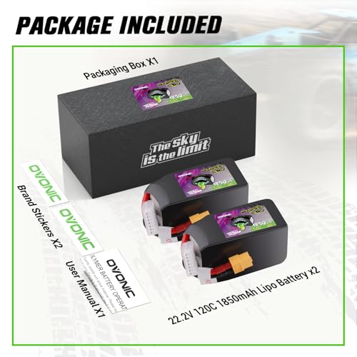 OVONIC 6S 1850mAh Lipo Battery 22.2V 120C Battery with XT60 Plug for RC Car Truck RC Vehicles Boat Drone RC Airplane Quadcopter Helicopter FPV Racing Hobby Models [1 Package Including 2 Batteries]