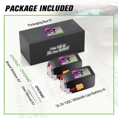 OVONIC 6S 1850mAh Lipo Battery 22.2V 120C Battery with XT60 Plug for RC Car Truck RC Vehicles Boat Drone RC Airplane Quadcopter Helicopter FPV Racing Hobby Models [1 Package Including 2 Batteries]