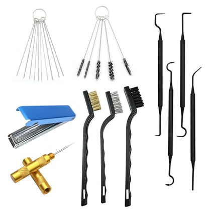 Carburetor Cleaning Kit, Includes 13 Stainless Steel Wires, 10 Needles, 5 Nylon Brushes, 1 Pointed Pick, 4 Cleaning Hooks, 3 Brushes, Torch Tip Cleaner, Carbon Dirt Jet Cleaner Repair Tools