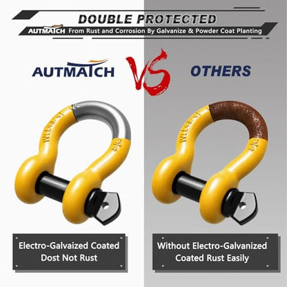 AUTMATCH 3/4" D Ring Shackles (2-Pack) - 41,887 lbs Break Strength | Heavy Duty Clevis Shackle with 7/8" Pin & Isolator Washer Kit for Tow Strap, Winch, Towing & Off-Road Vehicle Recovery,Yellow - color: Yellow & Black