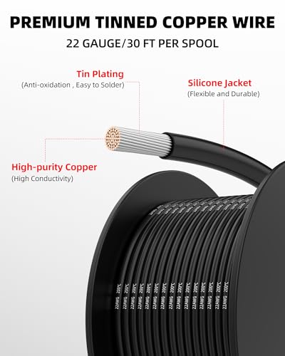 NAOEVO 22 Gauge Wire, Tinned Copper Silicone 22 AWG Automotive Wire, 180FT | 200°C, High Conductivity, Flexible 22 AWG Stranded Wire, 22 AWG Wire for Automotive, LED, DIY, Circuit (6 Colors 30ft/Spool) - size: 30ft, style: 22AWG