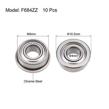 uxcell F684ZZ Flanged Ball Bearing 4mmx9mmx4mm Double Shielded Chrome Steel Deep Groove Bearings 10pcs - size: 4x9x4mm