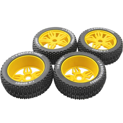 ShareGoo OD 4.52" 1/8 RC Buggy Rubber Tires Tyre w/ 5 Spoke Plastic Rim 17mm Hex Compatible with Arrma Kyosho Exceed RC Traxxas Redcat HSP HPI 1/8 Scale Off Road Car Buggy (Yellow) - color: Yellow