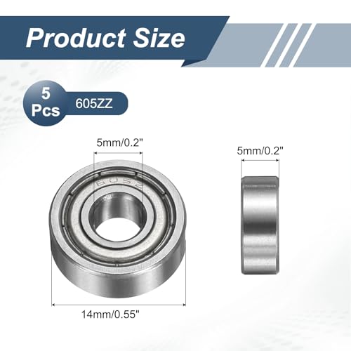 uxcell 5 Pack 605ZZ Deep Groove Ball Bearings, 5x14x5mm Chrome Steel Double Shield Bearing for Electric Motor, Home Appliances, Garden Machinery, (ABEC5) - size: 605ZZ