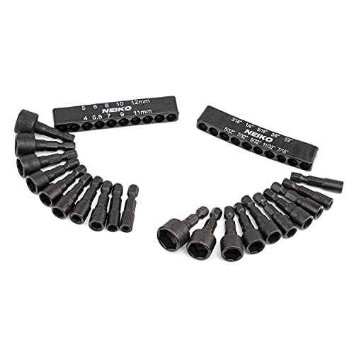 NEIKO 10068A Nut Driver Set, For Impact Drill and Driver, 20 Piece, 1/4” Hex Small Nut Driver Bit Set, Metric and Standard, 4-12 mm & 5/32”-1/2”, CR-V Steel, Nutsetter Driver Bits - size: Nut Driver Bit, style: SAE and Metric