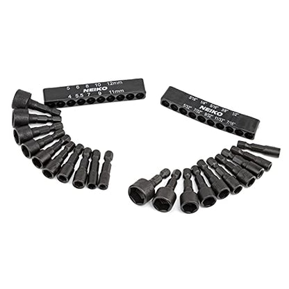 NEIKO 10068A Nut Driver Set, For Impact Drill and Driver, 20 Piece, 1/4” Hex Small Nut Driver Bit Set, Metric and Standard, 4-12 mm & 5/32”-1/2”, CR-V Steel, Nutsetter Driver Bits - size: Nut Driver Bit, style: SAE and Metric